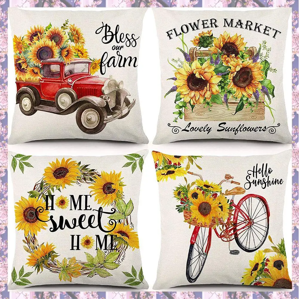 L73A 2025-Farm Sunflower Pillow Covers 18X18 Inch Set Of 4 Summer Decorative Throw Pillowcase Farmhouse Decor For Home