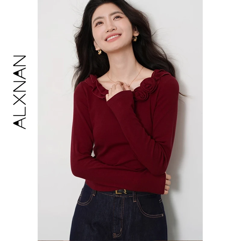 

Женская винтажная красная футболка ALXNAN с U-образным вырезом, 3D-цветочным дизайном, элегантная, приталенная, с длинным рукавом, хлопковая, L56958