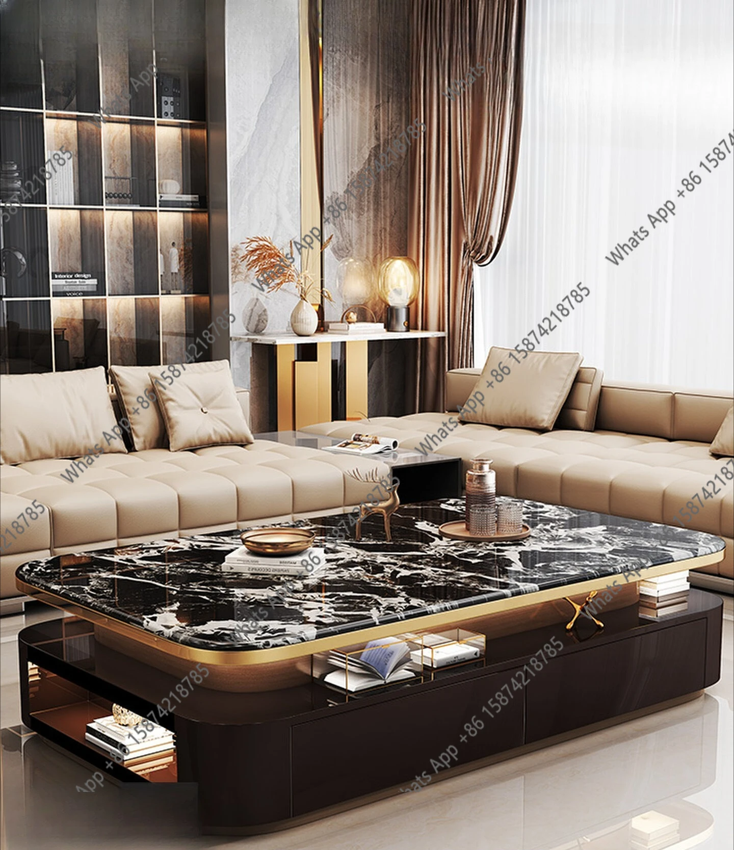 Light luxury microcrystalline stone coffee table Modern simple living room Household rectangular storage TV cabinet with lamp