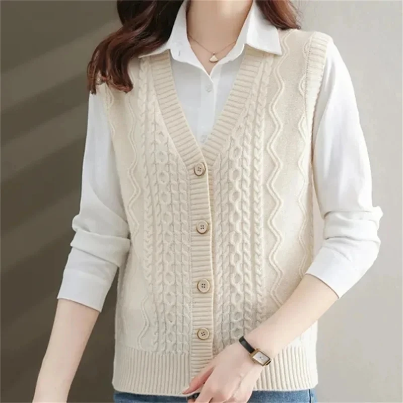 Spring Autumn Sweater Vest Women Solid Color V-Neck Knitted Sleeveless Jacket Female Casual Button Vests Cardigan Waistcoat Coat