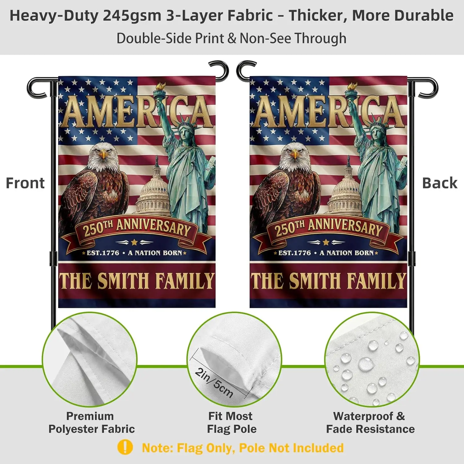 Custom 250 Anniversary USA Garden Flag with Family Name, American Patriotic Eagle & Statue of Liberty Banner for Outside AAM - view 4