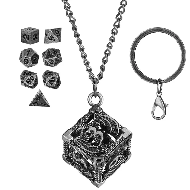 พวงกุญแจพกพาขนาดเล็กกล่องโลหะ D6กลวงพร้อมขนาดเล็ก7ชิ้นชุดลูกเต๋าโลหะหลายด้านอุปกรณ์เสริมสำหรับเล่นเกมสวมบทบาท