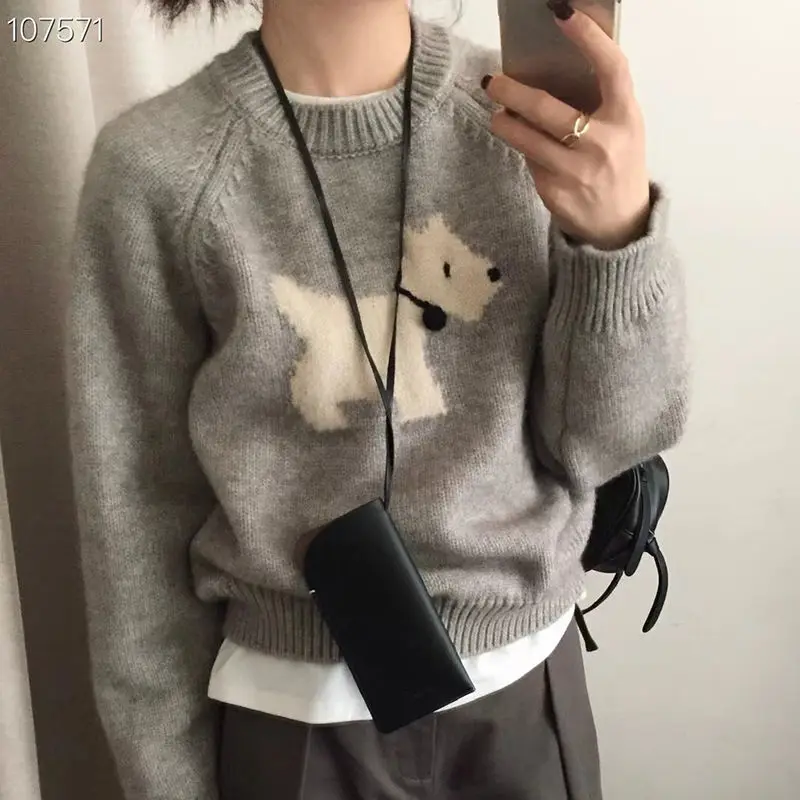 Women Autumn Winter Korean Loose Embroidered O-neck Knitting Women Clothes Preppy Style All-match Loose Pullovers Long Sleeve