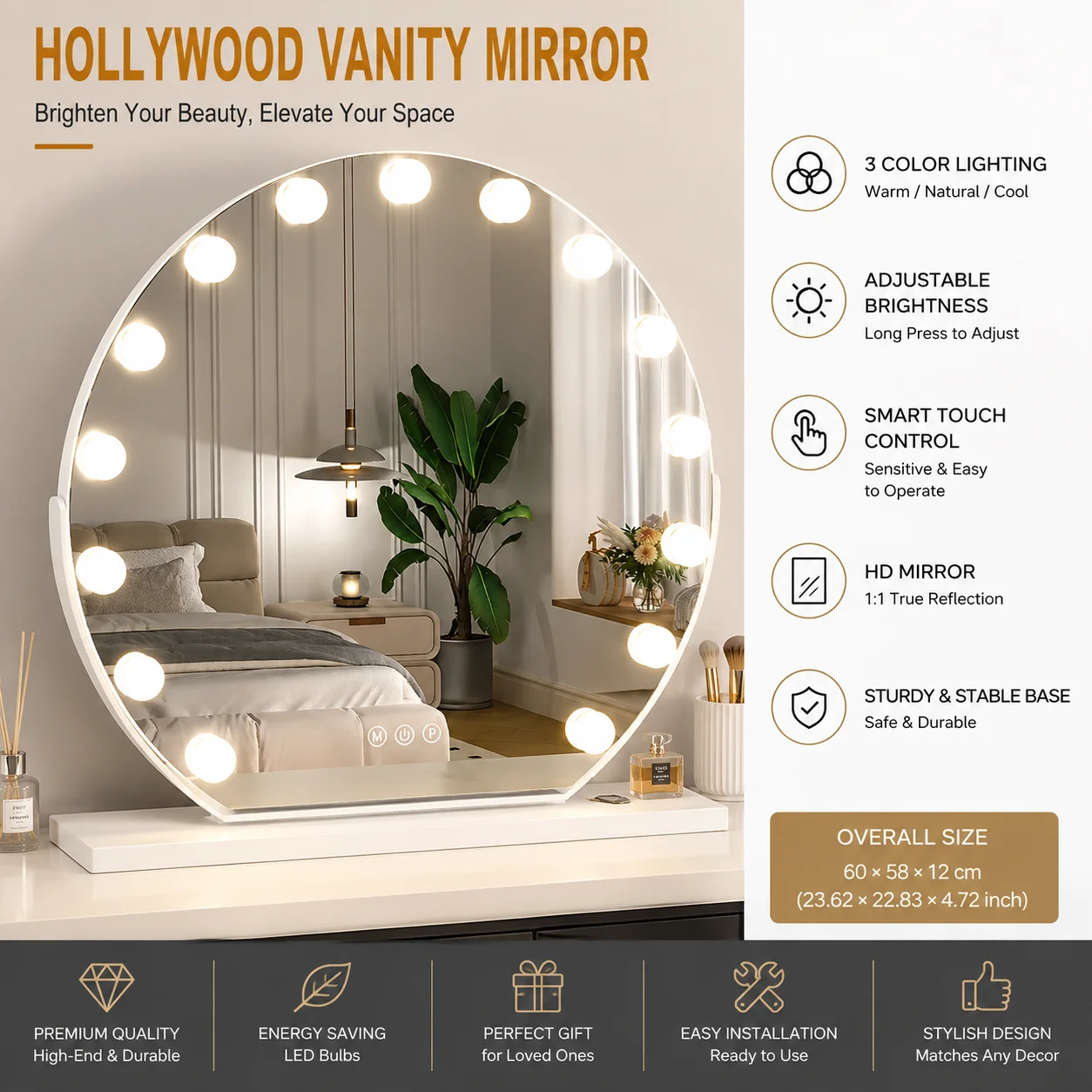 Semicircle Vanity Mirror with Lights 3 Color LED Bulb Makeup Mirror Smart Touch Control Tabletop Lighted Cosmetic Mirror