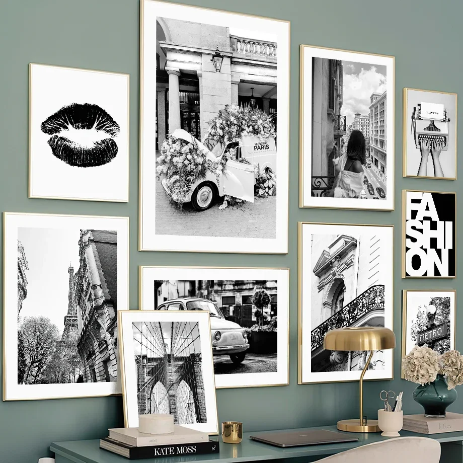 Настенная живопись на холсте, черная, белая, Нью-Йорк, Бруклинский мост, винтажный автомобиль, девушка, гостиная, Декоративные плакаты и искусства