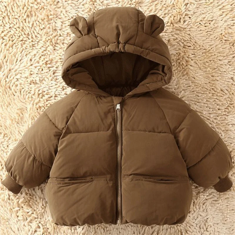 2024 Baby Thickened Cotton Coat Boys Warm Hooded Zip Jacket Autumn Winter New Girls Solid Colour Casual Fashion Cute Outerwear