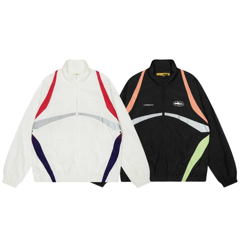 

Spor Casual Retro Color Blo Woven Jaet Trasuit Coat Polyester Fiber Long Sve Zipper Closure Stand Collar No Hat