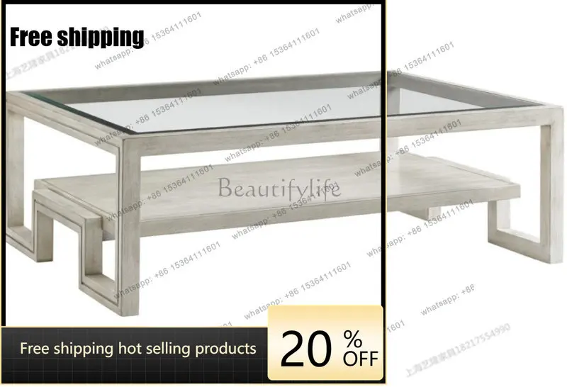 Zj. American solid wood square coffee table living room tempered glass tea table household villa