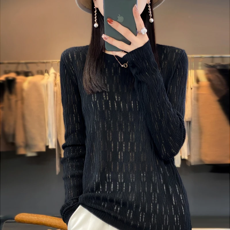 23 Autumn Winter New Woolen Sweater Women's Round Neck Long Sleeve Pullover Loose Hollow Out Simple Solid Color Versatile Knit