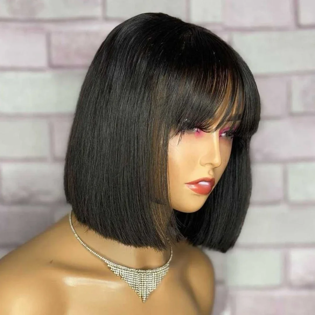 Sale Bone Straight Human Hair Wigs With Bangs Middle Part Wig Human Hair Ready To Wear Machine Made Short Bob Wigs