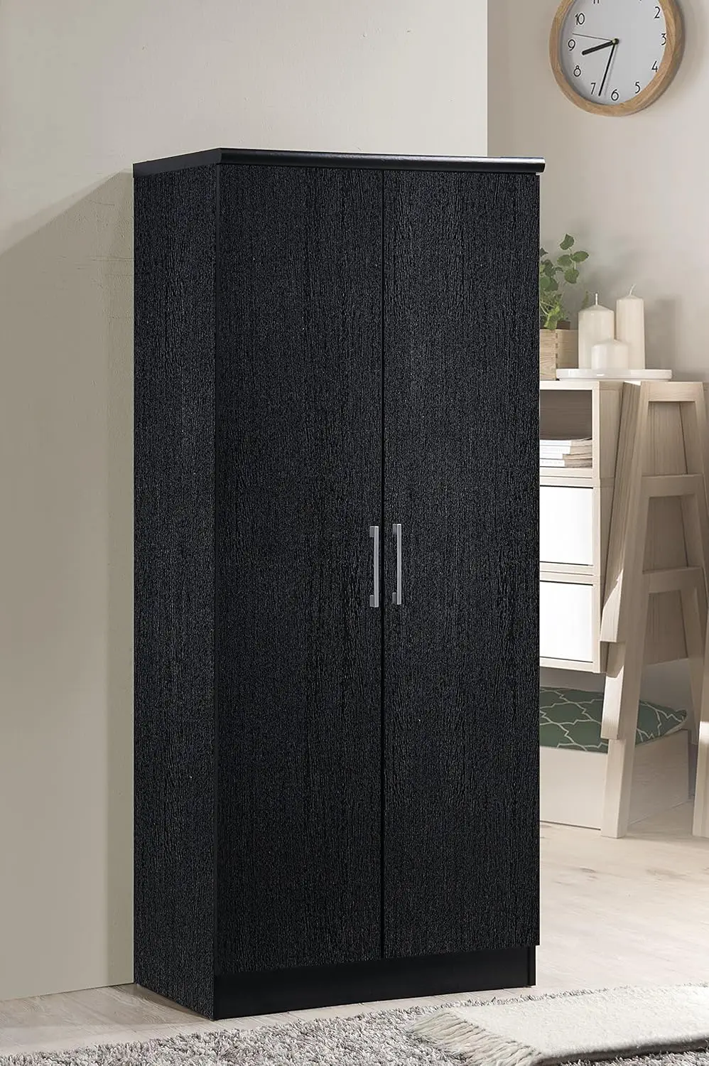 IMPORT 2 Door Wardrobe with Adjustable/Removable Shelves & Hanging Rod, Black