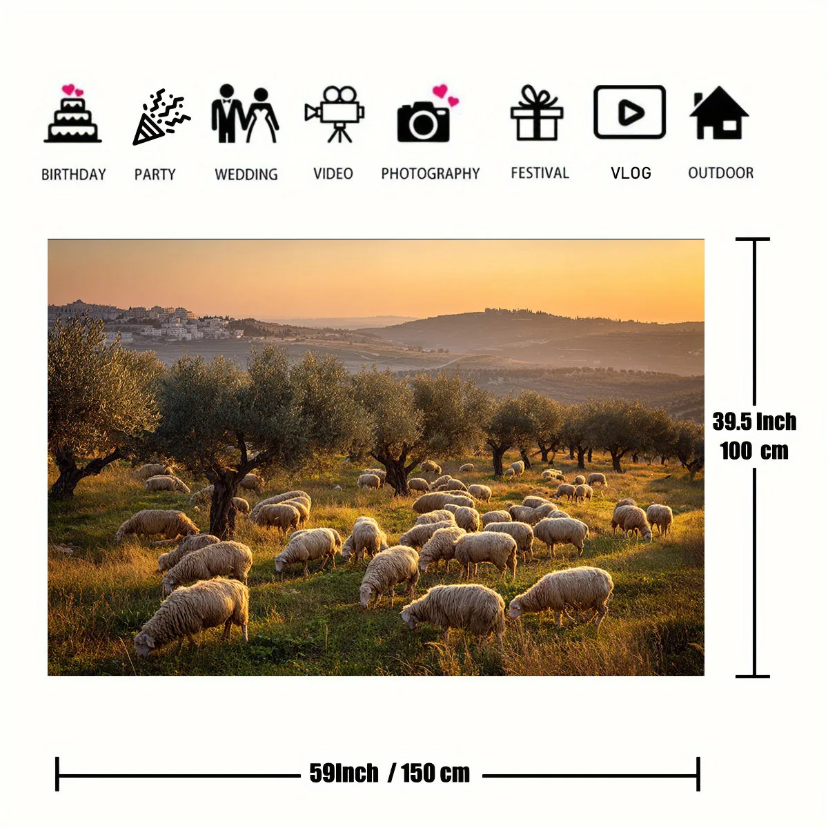 Sunset Countryside Tapestry Grazing Sheep Landscape Wall Decor Olive Trees and Rolling Hills Backdrop for Rustic Decor