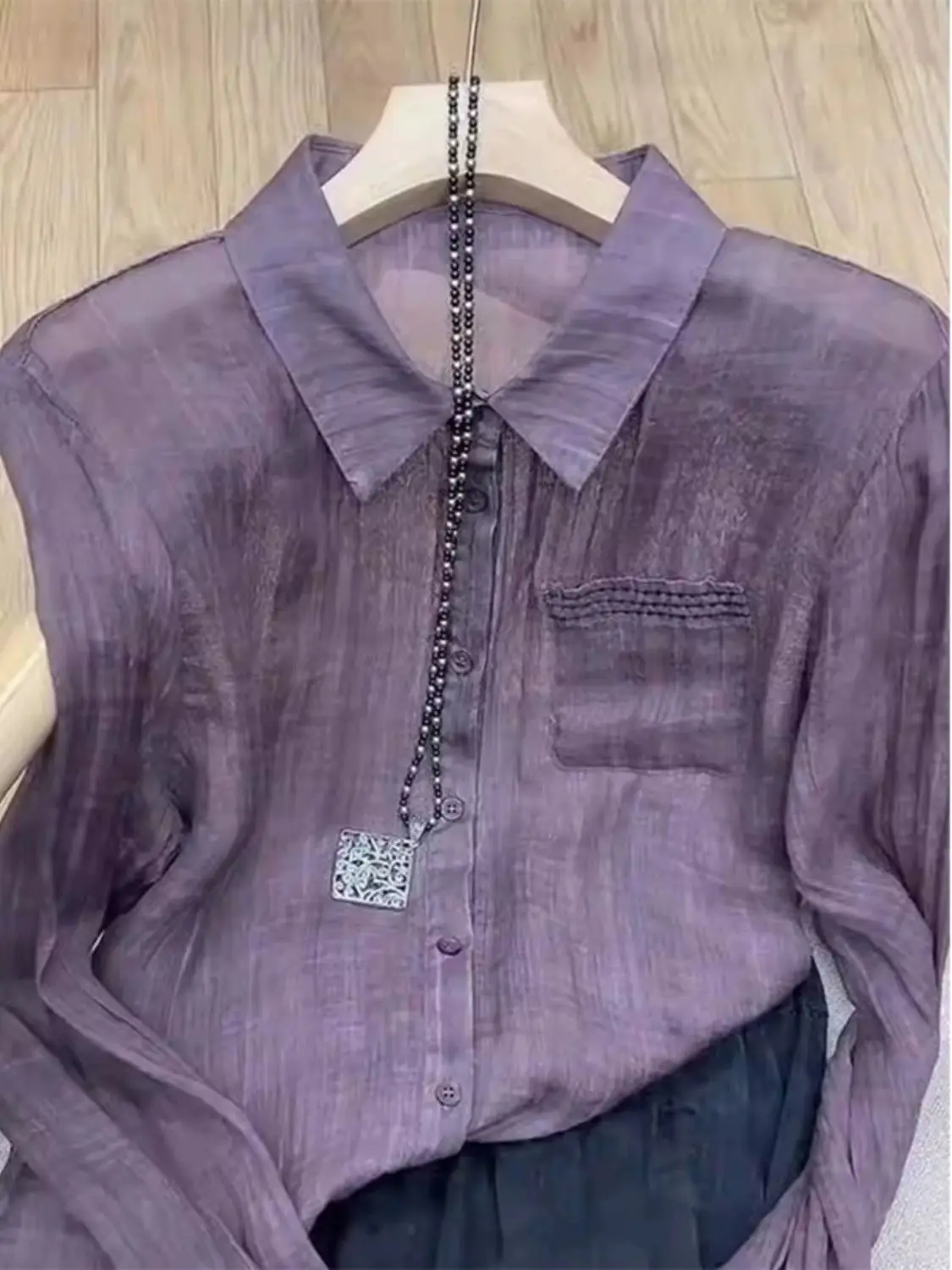 Unique and Chic Temperament Tencel Cotton Purple Long Sleeved Shirt Women\'s Ice Silk Top