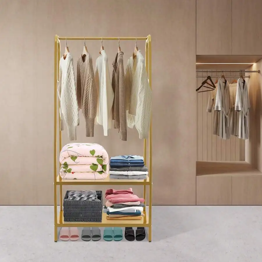 Gold Floor Standing Clothes Rack, 6 Hooks, 2-Tier Shelves