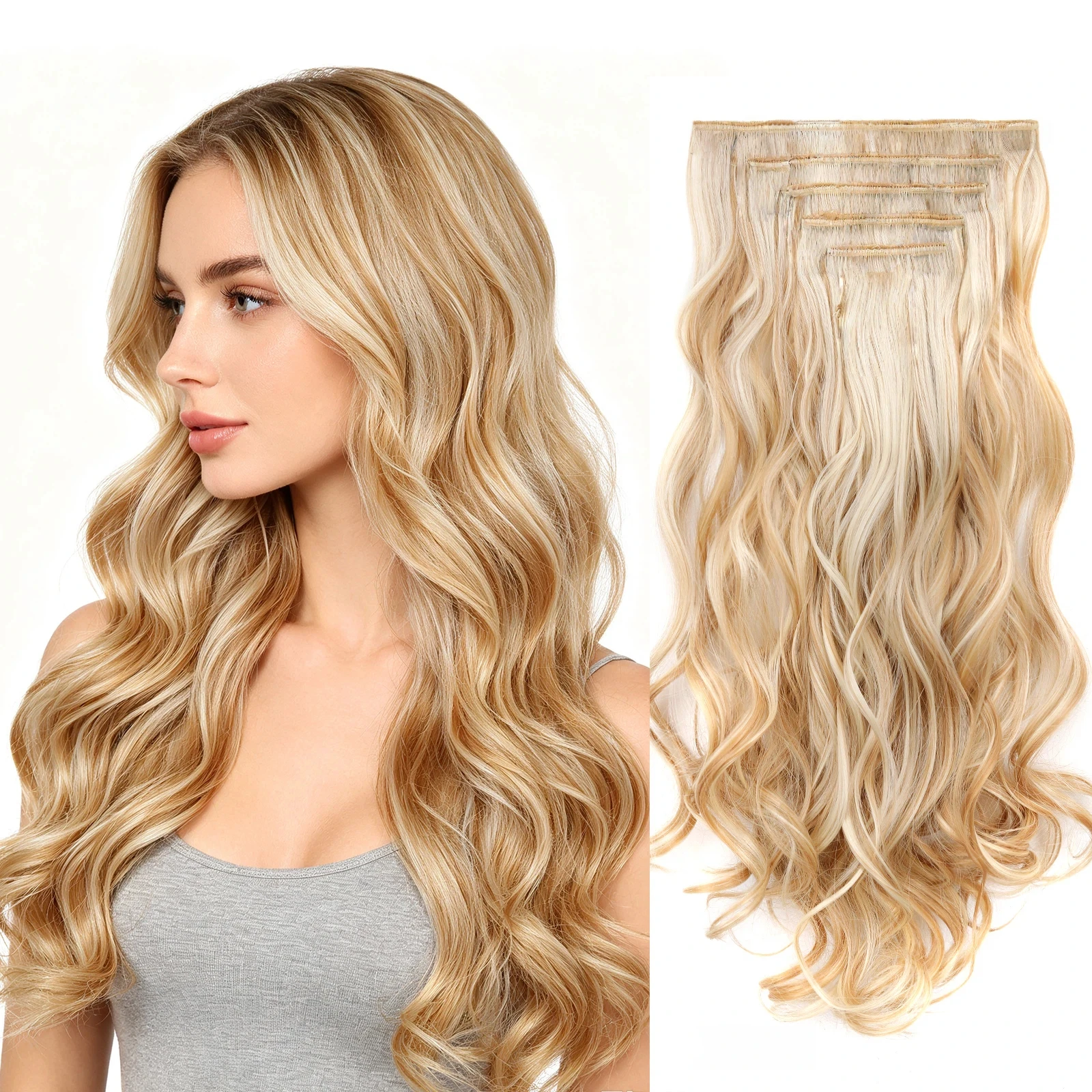 8Pcs Wavy Clip-In Hair Extensions Set 17Clips Matte Synthetic Full Head Hairpiece for Women Easy to Install