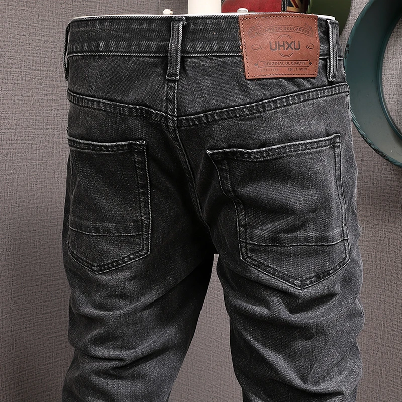 Korean Style Fashion Men Jeans Retro Black Gray Elastic Slim Fit Casual Denim Pants Hombre Vintage Designer Jeans Men Trousers