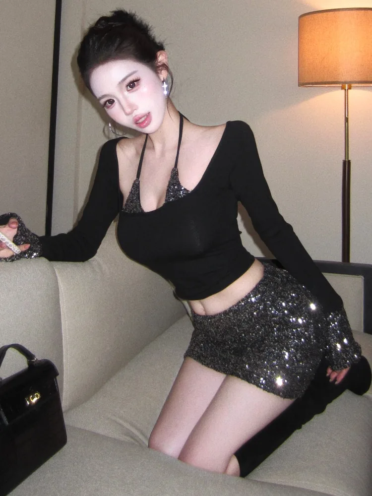 

Shiny Sequin Strap T-Shirt And Slim Fit Halter Top Two-Piece Set Women's Autumn Winter Sexy Suite Korean Style Commute Fashion