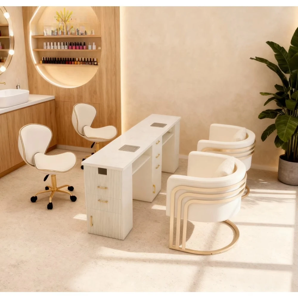 

Modern Manicure Nail Table with Acrylic Sneeze Guard Built-In Dust Collector & Extracting Vent Nail Table Chairs
