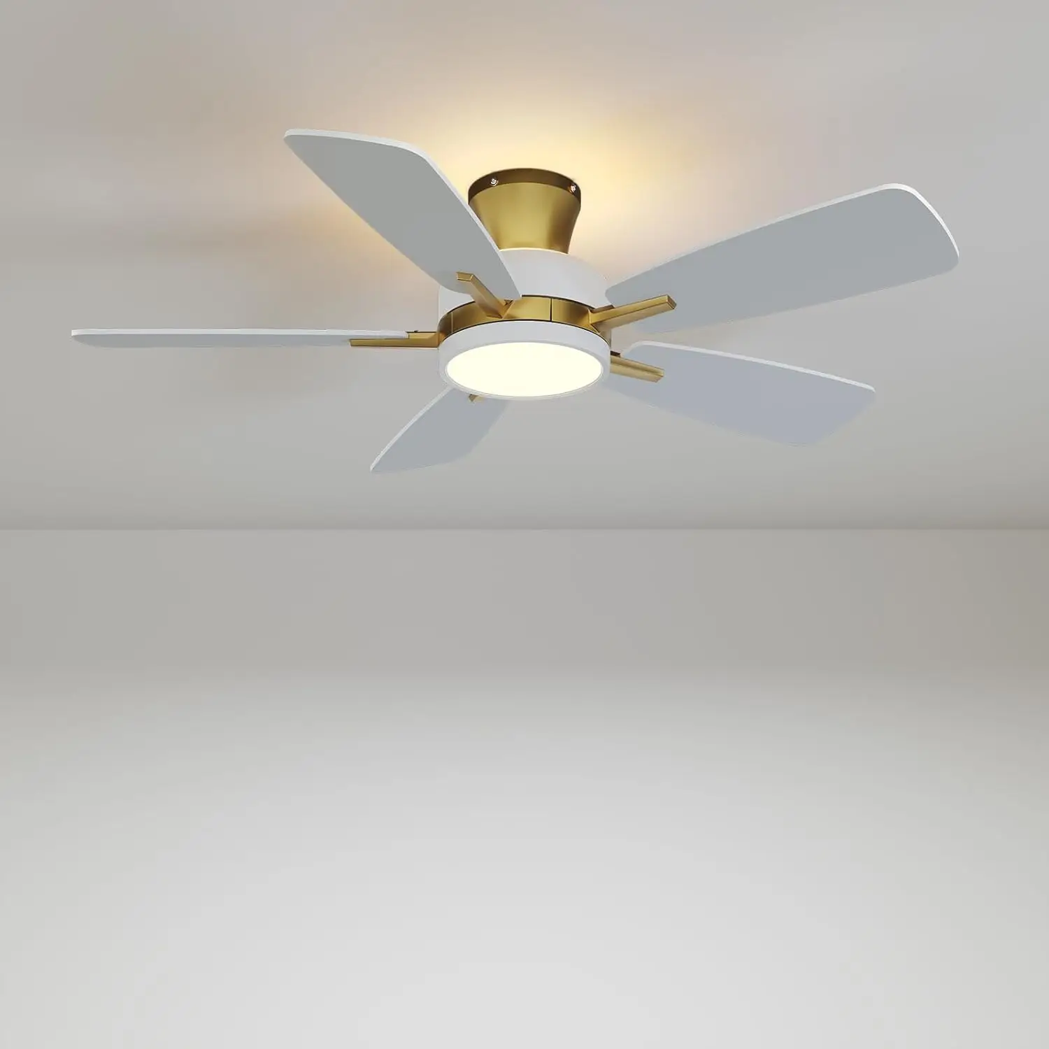 

Flush Mount Ceiling Fans With Lights Remote Low Profile 46 Inch Reversible Dimmable 3CCT Modern White Gold For Bedroom Living Ro