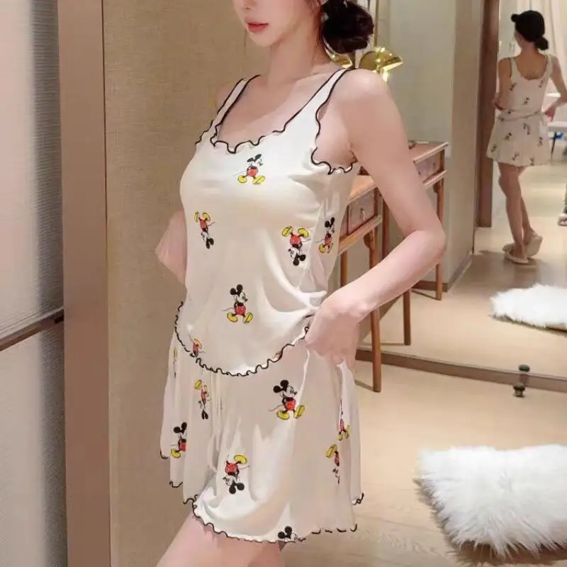 

Новый летний комплект пижамы для женщин: шорты на бретелях и майка с принтом, со встроенными чашечками, домашняя одежда, комплект из двух предметов