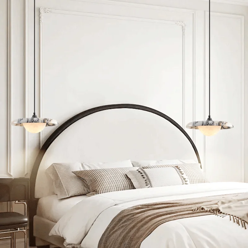 Luxury Black Round Natural Stone Pendant Lamp High-end Bedroom Bedside LED Chandelier Living room Decoration Home Hanging Lights