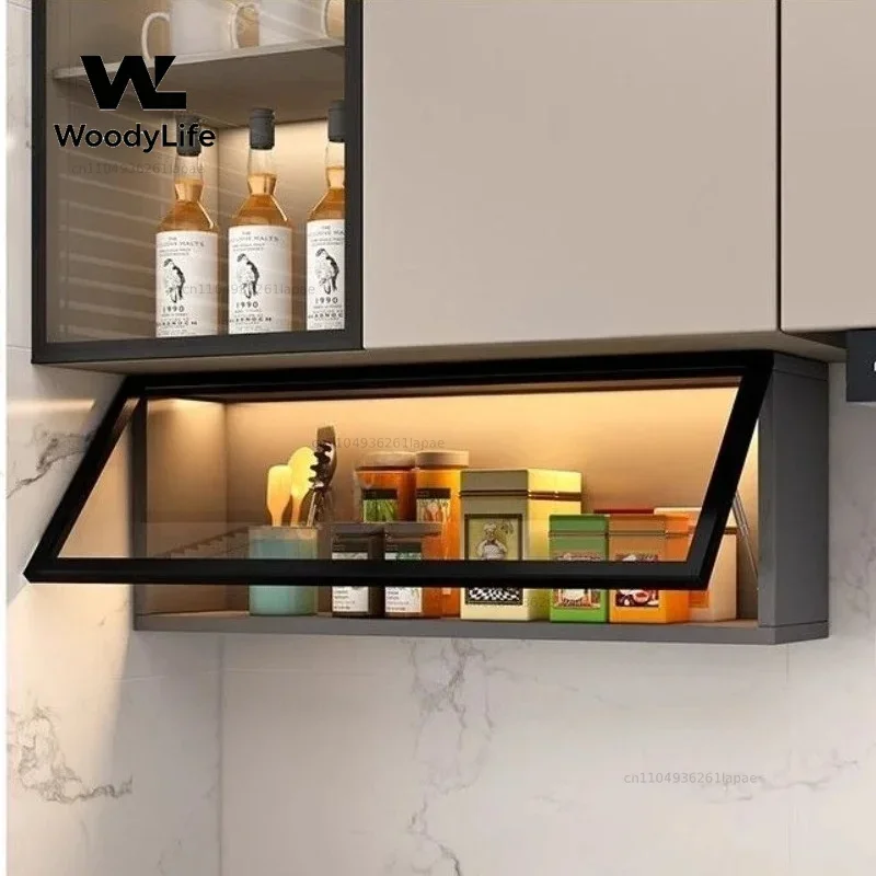 Wall Mounted LED Display Cabinet with Flip Glass Door, Dustproof Wall Storage Shelf, Modern Display Case for Kitchen Living Room