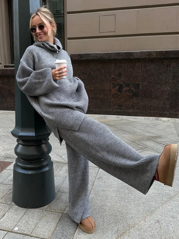 LIinar Fall Winter 2026 Collection Women's Casual Loose-Fitting Solid-Color Knit Set with Sweater High-Waisted Wide-Leg Pants
