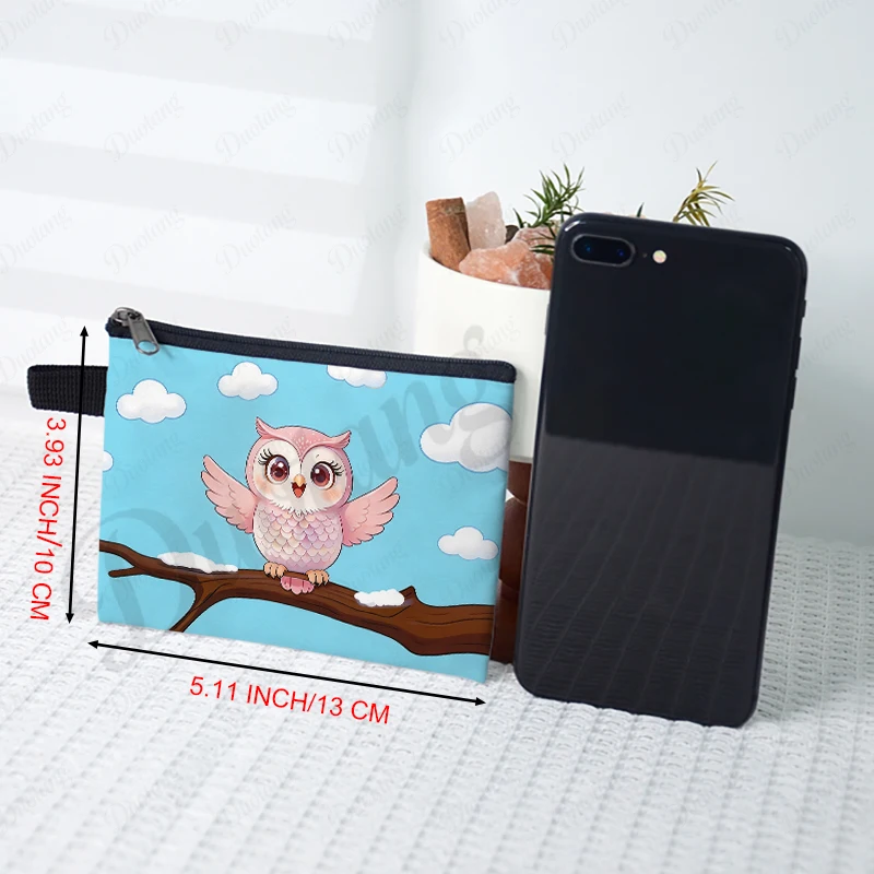 Cartoon Drawing Owl Perching on The Branch Graphic Patten Coin Bag Women Card Key Earphone Holder Coin Purse Zipper Pouch view 2