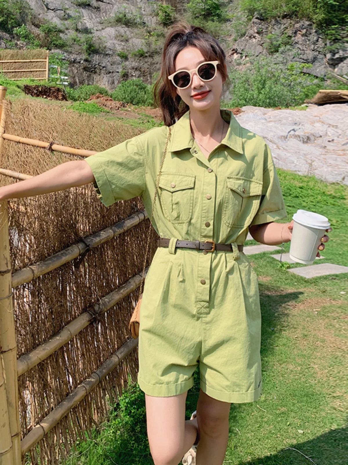 

Зеленый рабочий комбинезон-комплект для женщин: утягивающий комбинезон с высокой талией, широкими штанинами, маленького размера, в корейском стиле, с карманами, для повседневной носки