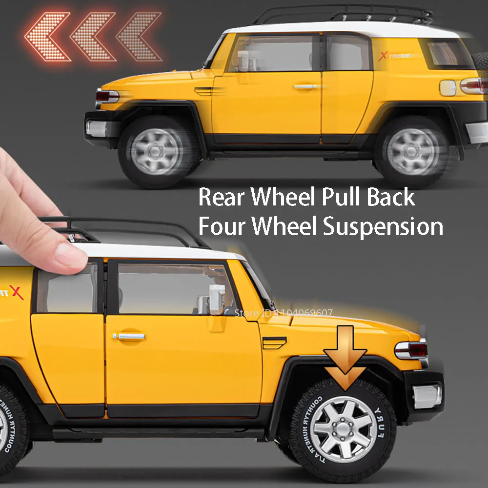 รถโมเดลของเล่น FJ Cruiser Tacoma ขนาด 1:24 รถออฟโรด ผลิตจากโลหะผสม พร้อมเสียง ไฟ ประตูเปิดได้ ระบบดึงกลับ โช้คอัพ รุ่นตกแต่ง