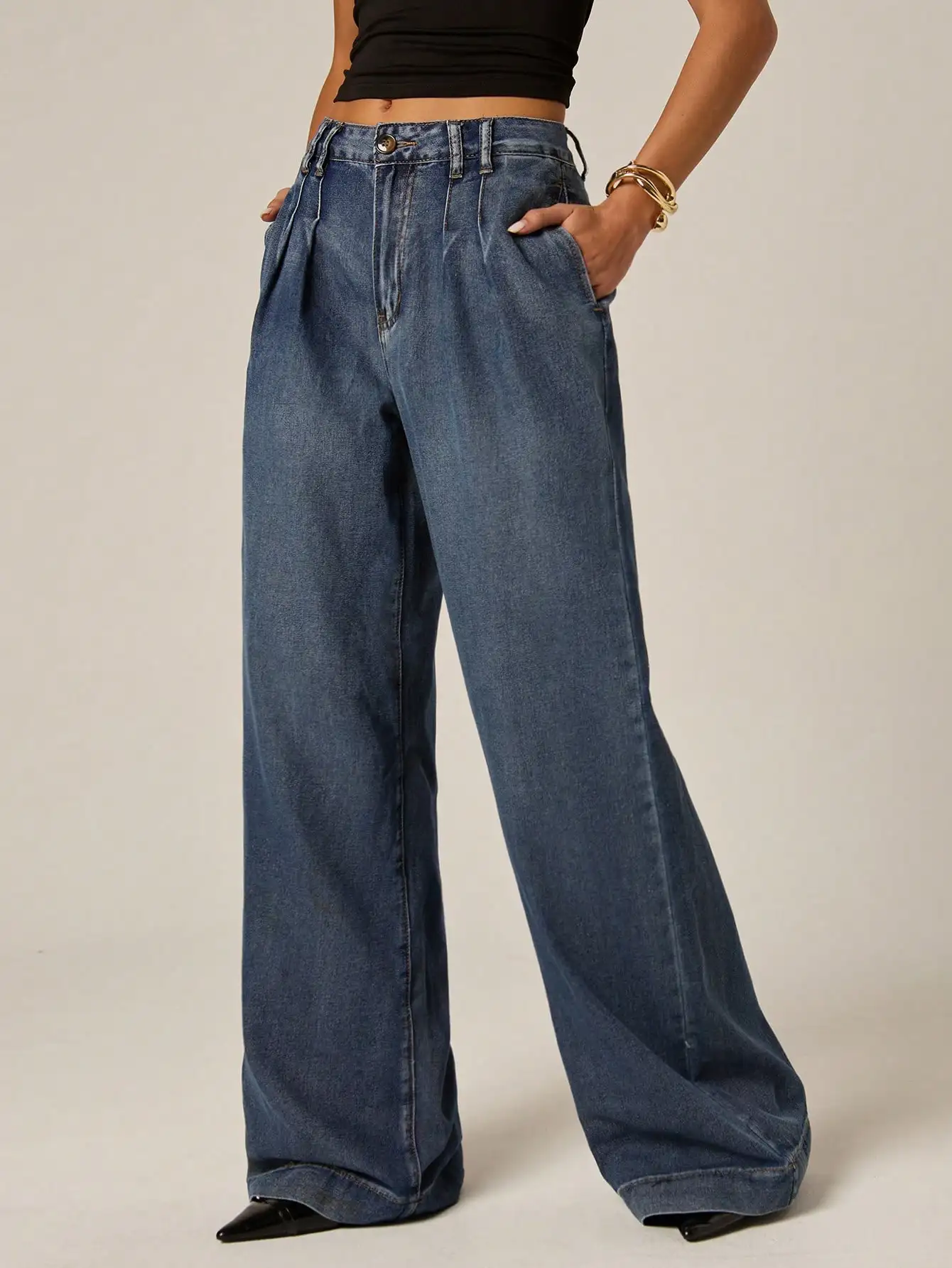 

Women's High Waist Wide Leg Denim Jeans with Pleated Front, Loose Fit for Casual Wear