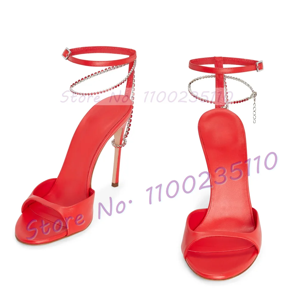 Funkelnde Strass-Knöchelketten-Sandalen für Damen, Elegante Knöchelriemen-High-Heels, Offene Zehenpartie, Metallisches Leder, Schicke Partyschuhe