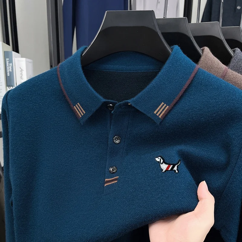 New Autumn Comfortable Men's Print Polo Shirt Original Keep Warm Solid Color Long Sleeve T-Shirt Casual Commuting Men's Clothing