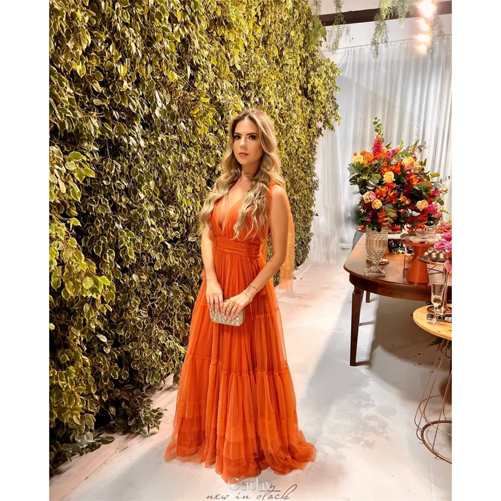 

Cathy Simple Orange V Neck Tulle Strap Prom Dress A-line Sleeveless vestidos de noiva Customized Floor-length Formal Evening