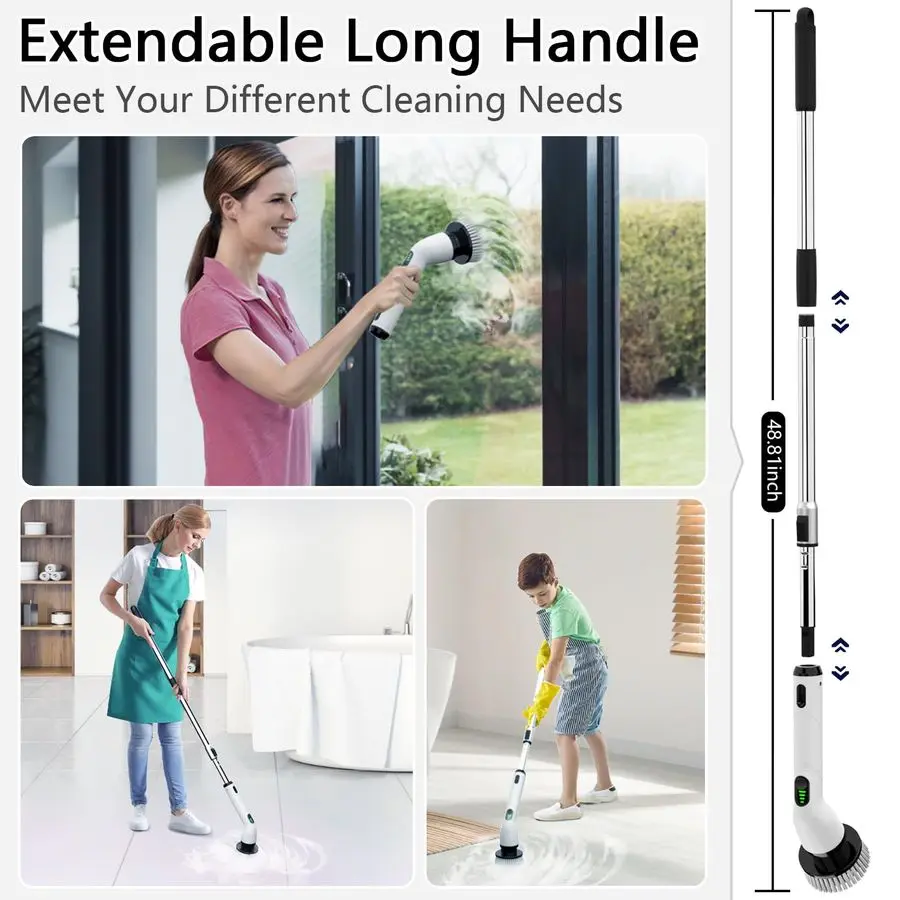 Lavapavimenti elettrico per rotazione, lavapavimenti per bagno impermeabile FullBody IPX7, 4 testine di ricambio per maniglia di estensione regolabile C elettrico