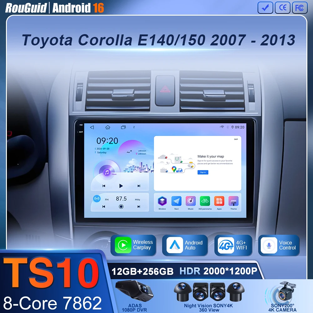 Android 16 Carplay Car Radio For Toyota Corolla E140/150 2006 -2013 Multimedia video Player GPS 2din Head Unit Stereo BT