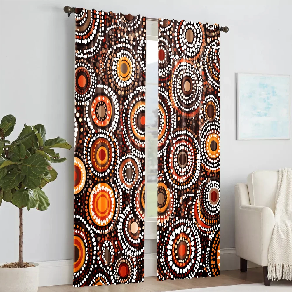 2Pcs Bohemian Aboriginal Circle Pattern Window Curtains Rod Pocket Polyester Material Drapes For Bedroom Living Room Office