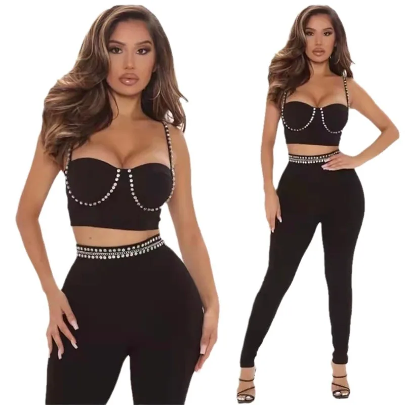 European and American Fashion Bandage New Rhinestone Camisole   Rhinestone Trousers Tight Slimming Temperament Bandage Two-Piece