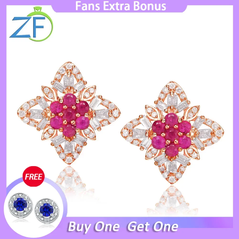 GZ ZONGFA Natural Ruby 1.3CT Diamond  Birthstones Gifts 10K Gold Fine Jewelry Pure 925 Sterling Silve Studs Earrings for Women