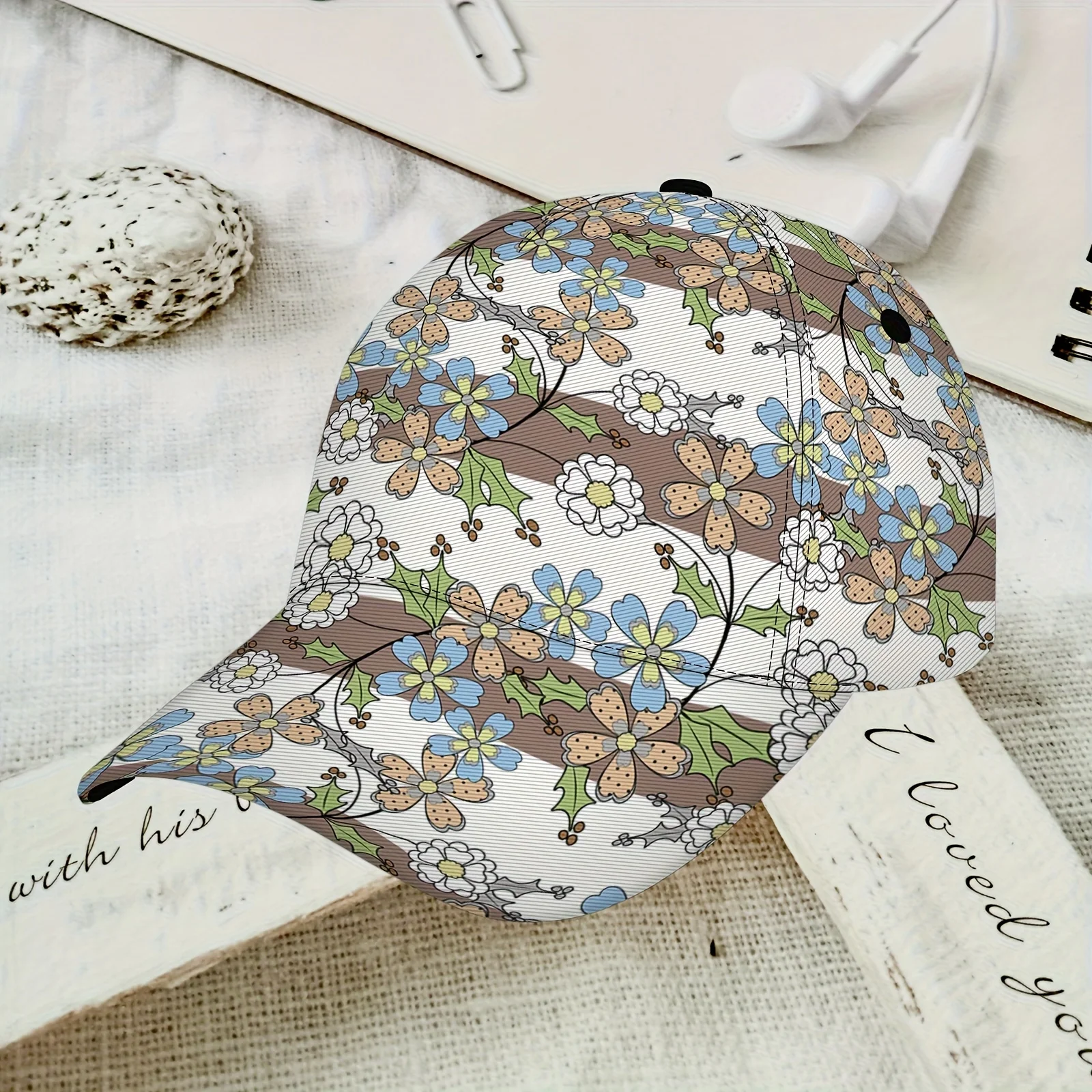 Vintage Floral Stripe Print Baseball Cap Retro Botanical Pattern Adjustable Dad Hat Breathable Sun Hat for Women Garden Lovers