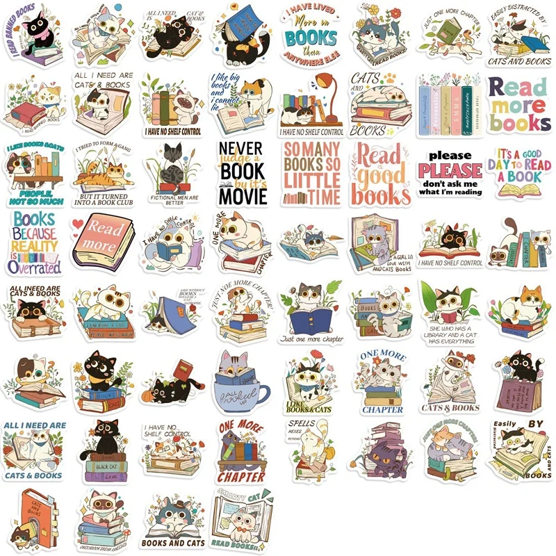 10/30/60PCS Cartoon Cat Reading PVC Sticker Aesthetic Colorful Decoration Scrapbooking DIY Hand Accounting Supplies for Kids