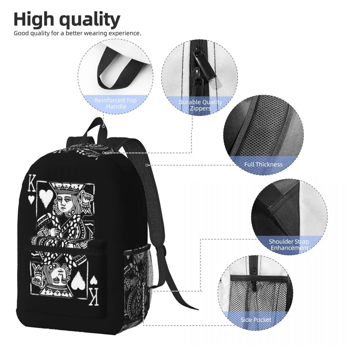 King Of Hearts Painted Poker Playing Card Backpack Boys Girls BookBag Kids School Bag Laptop Shoulder Bags for Men Women
