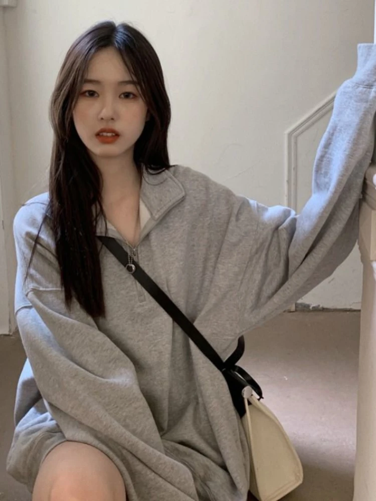 Deeptown Korean Fashion Gray Oversized Sweatshirts Women Harajuku Zip Up Hoodie Vintage Loose Casual Polo Collar Pullover Tops