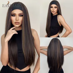 EASIHAIR Stirnband Synthetische Perücken Lange Gerade Braun Highlight Goldene Stirnband Perücken für Schwarze Frauen Täglichen Cosplay Hitze Beständig