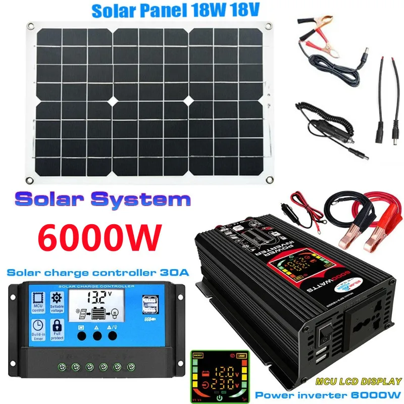 

12V To 110V/220V 4000/6000W Solar Power System Set Solar Panel Controll Smart LCD Display Solar Inverter Dual USB for Car Phones