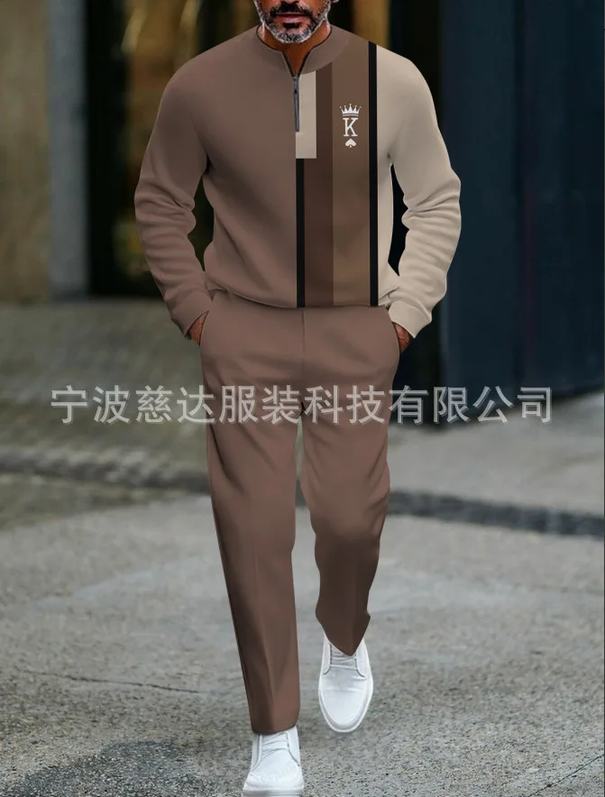 2025 New Mens Half Open Placket Zip Pullover   Casual Fashion Long Sleeve  Pants Set