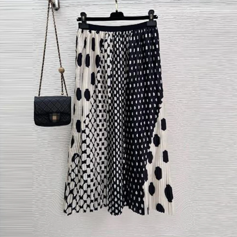 

Fashionable polka dot pleated skirt, high waisted large A-line hem, high school long skirt long skirts for women