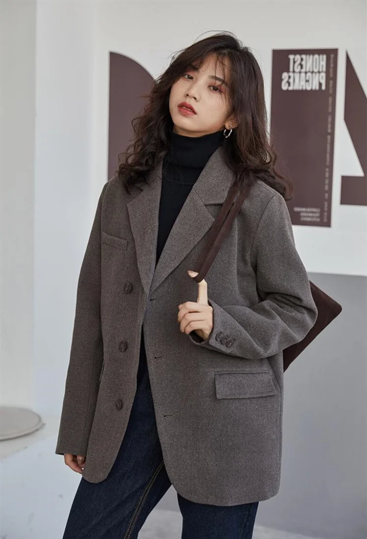 Korean-style  Autumn and Winter Grey Brown Casual Women's Woolen Suit Jacket British-style Loose Short Blazer Thickened Coat Top