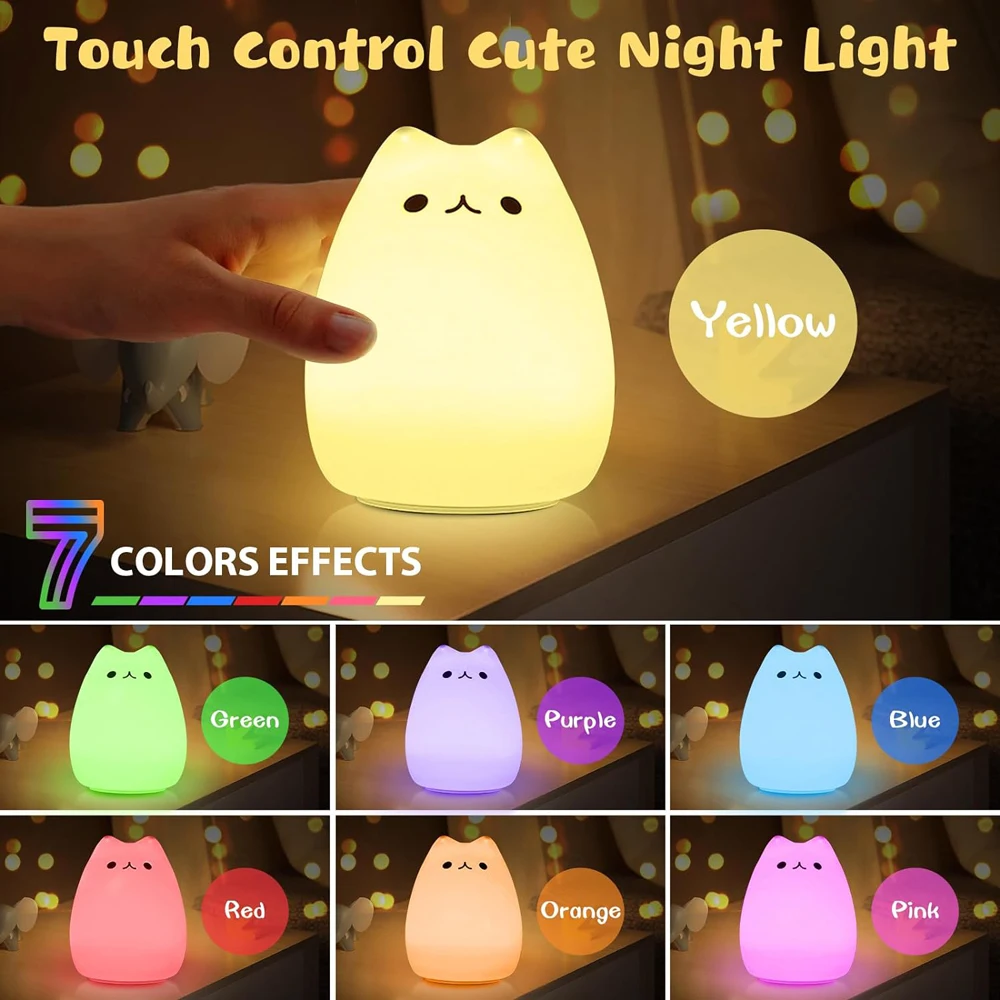 Veilleuse LED en silicone pour enfants, chat mignon, portable, multicolore, cadeaux de Noël pour bébés et enfants