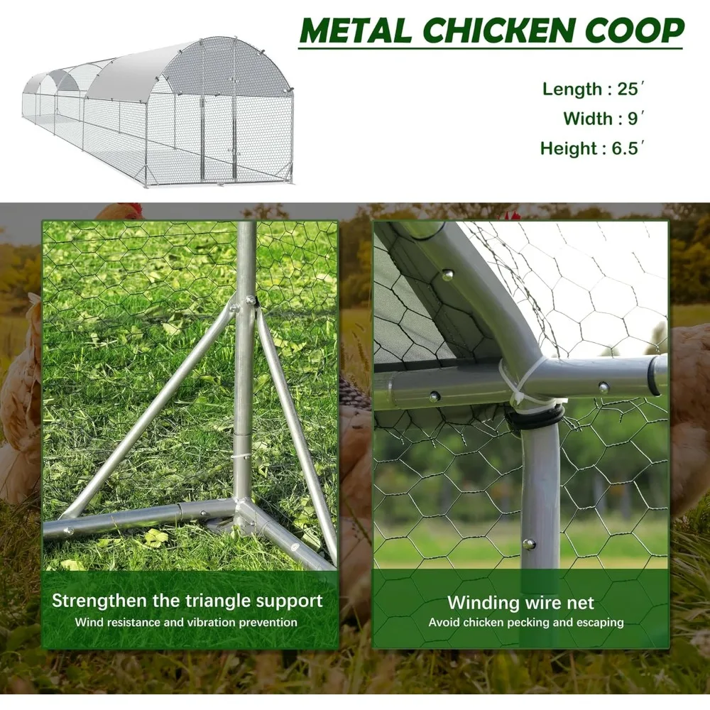 Large Metal Chicken Coop Upgrade Tri-Supporting Wire Mesh Chicken Run,Chicken Pen with Water-Resident and Anti-UV Cover